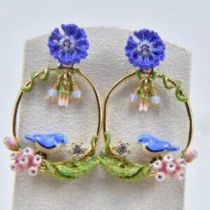 Les NEREIDES Thin Hoops Blue Flower Bird and Leaves